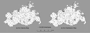 Diagram showing population density calculation with 20 dots (organisms) distributed across a 4x4 grid (16 square units), demonstrating density = 20/16 = 1.25 individuals per unit area