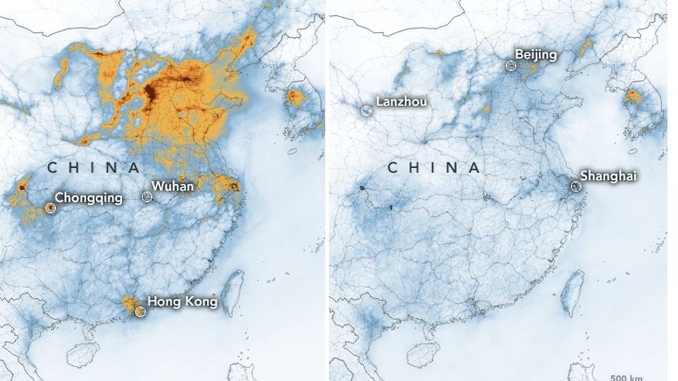 Split-screen satellite image comparing Beijing's visibility on a clear day (left) with bright city lights and clear building outlines, versus a heavily polluted day (right) where the city appears shrouded in a brown-gray haze, demonstrating the visual impact of atmospheric pollution.