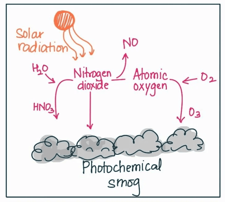 Detailed flowchart showing the step-by-step formation of photochemical smog, starting with emission sources (cars, factories) releasing NOx and VOCs, followed by sunlight-triggered chemical reactions creating secondary pollutants, culminating in the characteristic brown smog layer over a city skyline.