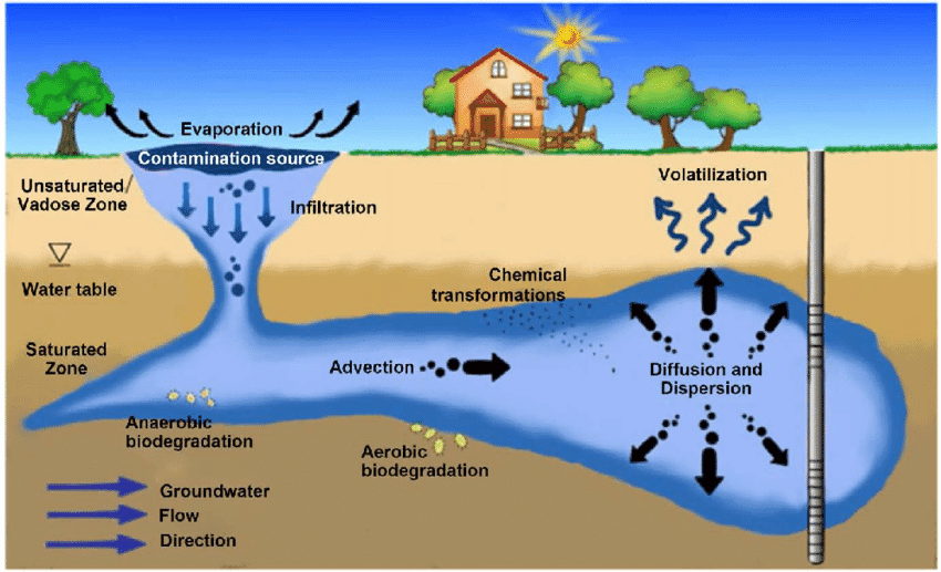 Flowchart illustrating how pollutants move through environmental systems via air, water, soil, and biological pathways, showing processes like volatilization, sorption, biodegradation, and biomagnification.