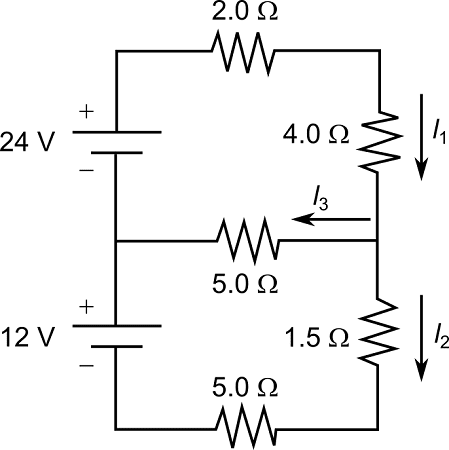 Circuit junction with 5 wires showing currents I₁, I₂ flowing in and I₃, I₄, I₅ flowing out, with equation I₁ + I₂ = I₃ + I₄ + I₅