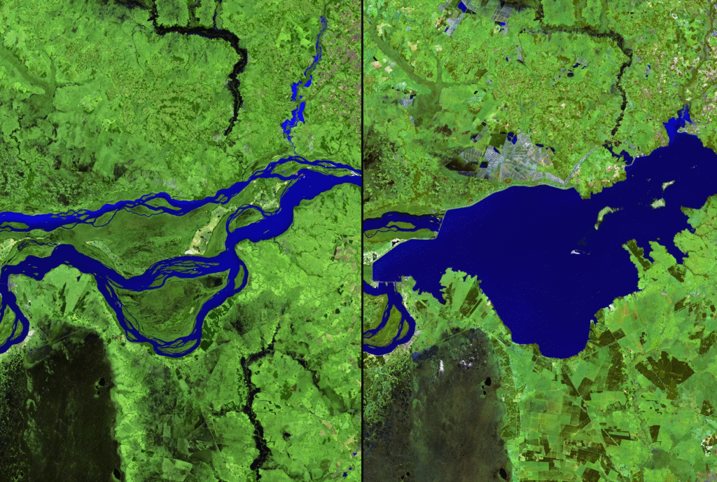 Split image showing the same Central Valley region in 1973 (left) with more natural wetlands and varied landscape, compared to 2023 (right) showing geometric patterns of intensive agriculture and urban development. Color coding distinguishes different land uses.