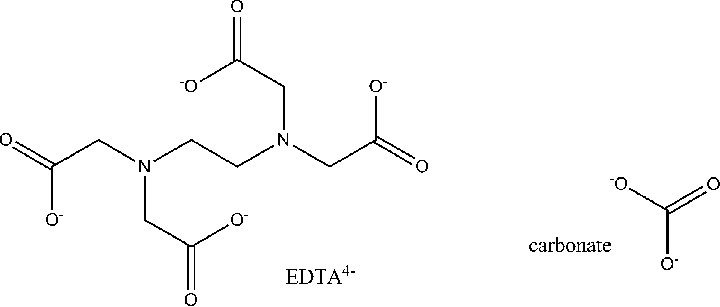 EDTA ligand showing all six binding sites (two nitrogen atoms and four oxygen atoms from carboxylate groups) coordinating to a central metal ion