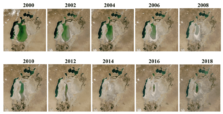 Four-panel progression showing the Aral Sea from 1960 (large blue water body), 1990 (noticeably smaller), 2010 (fragmented into smaller sections), and 2020 (tiny remnant pools). Each panel includes scale reference and dates for context.