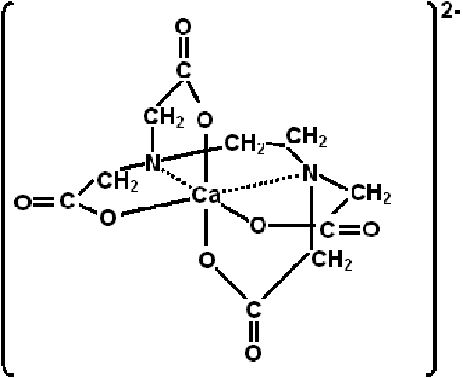 EDTA chelating with a metal ion showing all six coordination sites and the resulting stable ring structures