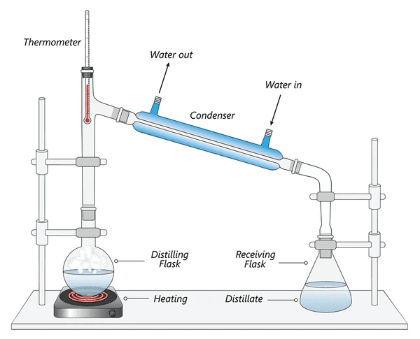 Simple distillation apparatus showing round-bottom flask, condenser, and collection vessel