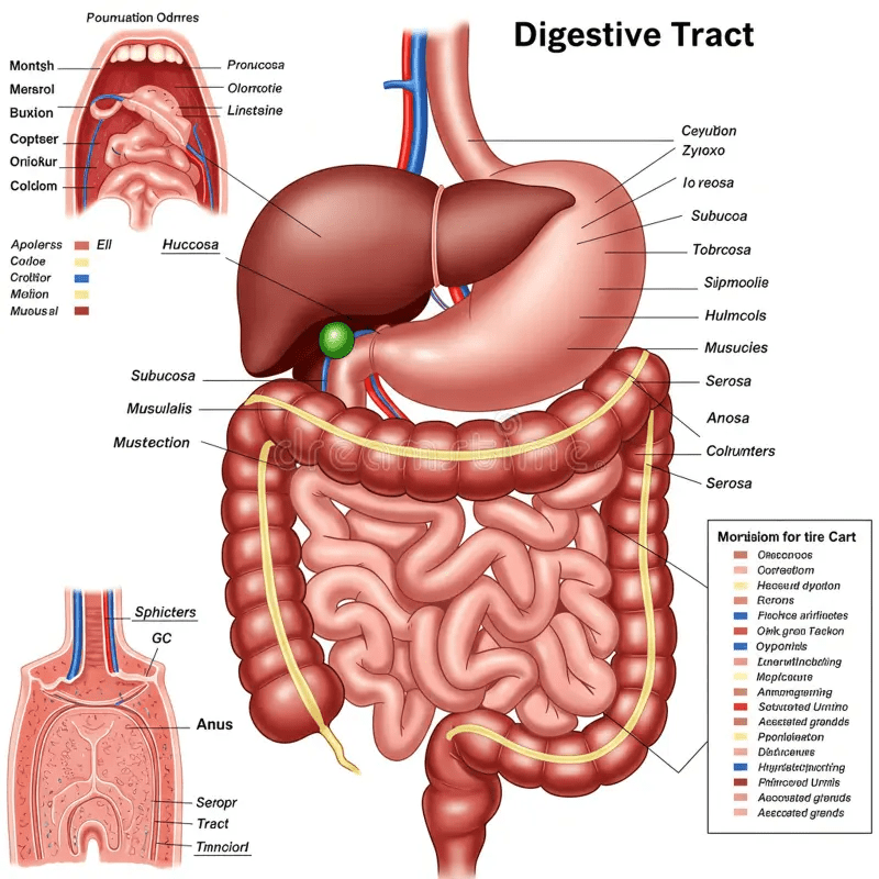 Complete digestive system showing mouth, esophagus, stomach, small intestine, large intestine, liver, pancreas, and gallbladder with labels