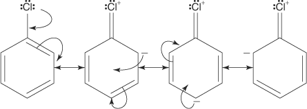  हैलोबेंजीन में resonance structures दिखाते हुए जहां हैलोजन का lone pair रिंग के साथ delocalize होता है