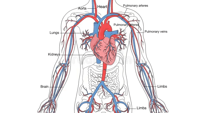 Overview of the human circulatory system showing heart, major arteries (in red), major veins (in blue), and capillary networks in organs like lungs, liver, kidneys, and muscles