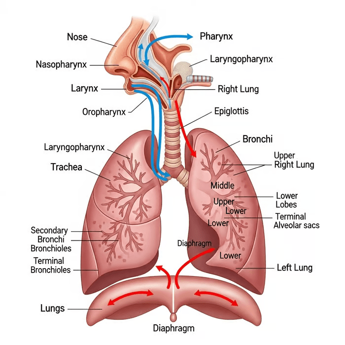 Complete respiratory system showing nasal cavity, pharynx, larynx, trachea, bronchi, bronchioles, and lungs with alveoli magnified in detail. Label all parts clearly with arrows.