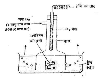 मानक हाइड्रोजन इलेक्ट्रोड का विस्तृत चित्र जिसमें Pt electrode, H₂ gas inlet, और H⁺ solution दिखाया गया हो