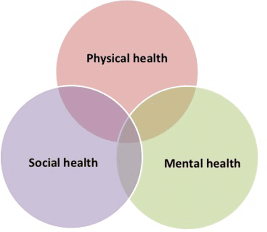 प्रजनन स्वास्थ्य के तीन आयाम - शारीरिक, मानसिक और सामाजिक स्वास्थ्य को दर्शाने वाला चित्र